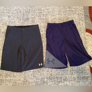 UNDER ARMOUR lot of 2 ~ Boys 16 gray dress shorts never worn; navy shorts YLG
